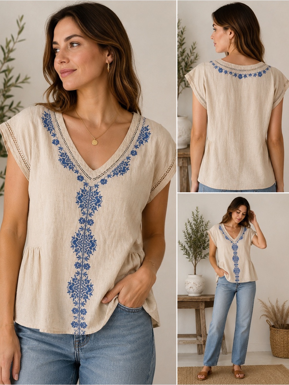 Sigrid Olsen Signature Embroidered Boho Peasant Top Beige Blue Womens L